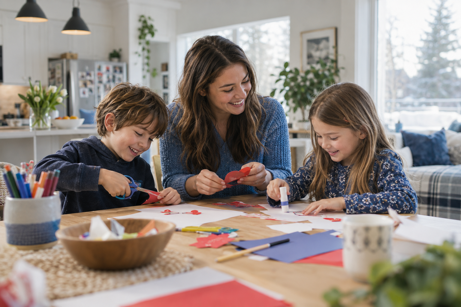 Illustrative scene of an au pair making crafts with two children